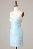 Tão deslumbrante Bodycon Esparguete Correias Blue Sequins Short Homecoming Dress