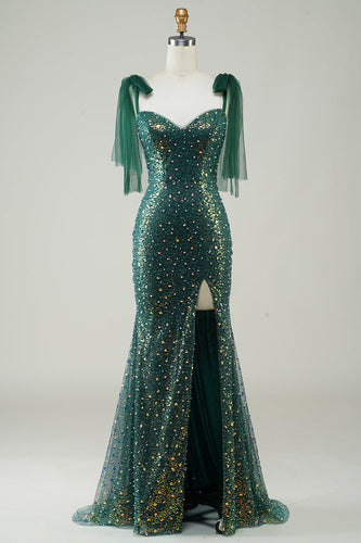 Brilhante verde escuro sereia lantejoulas longo vestido de baile com fenda