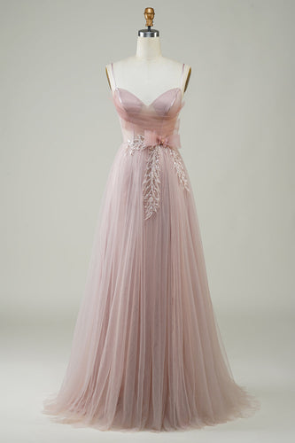 Blush A-Line Corset Long Tulle Prom Dress com Apliques
