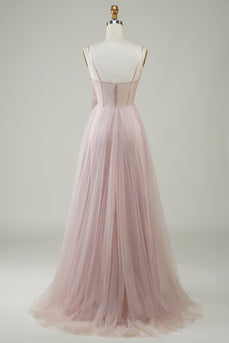 Blush A-Line Corset Long Tulle Prom Dress com Apliques