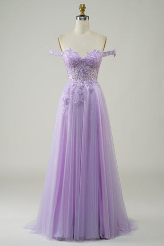 Espartilho roxo A-Line Long Tulle Prom Dress com renda