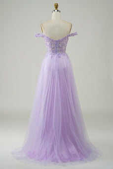 Espartilho roxo A-Line Long Tulle Prom Dress com renda