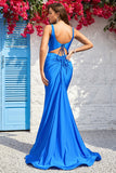 Sereia Cintas de Espaguete Azul Vestido de Baile com Costas Abertas