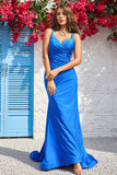 Sereia Cintas de Espaguete Azul Vestido de Baile com Costas Abertas