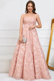 A-Line Sem Cintas Rosa Vestido de Festa com Apliques
