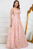 A-Line Sem Cintas Rosa Vestido de Festa com Apliques