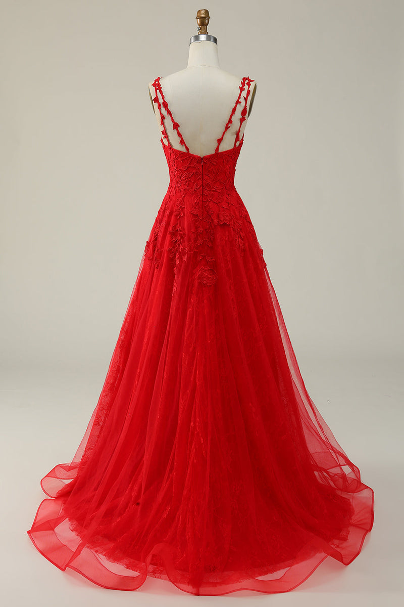 Carregar imagem no visualizador da galeria, A Line Cintas de Espaguete Vermelho Vestido de Baile Com Apliques