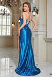 Espartilho azul brilhante vestido longo baile de formatura com fenda