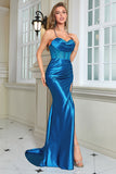 Espartilho azul brilhante vestido longo baile de formatura com fenda