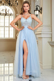 Azul claro A-Line Corset Long Backless Prom Dress