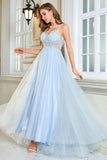 Azul claro A-Line Corset Long Backless Prom Dress