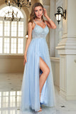 Azul claro A-Line Corset Long Backless Prom Dress