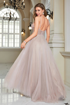 Sparkly Blush frisado A-Line Long Formal Dress